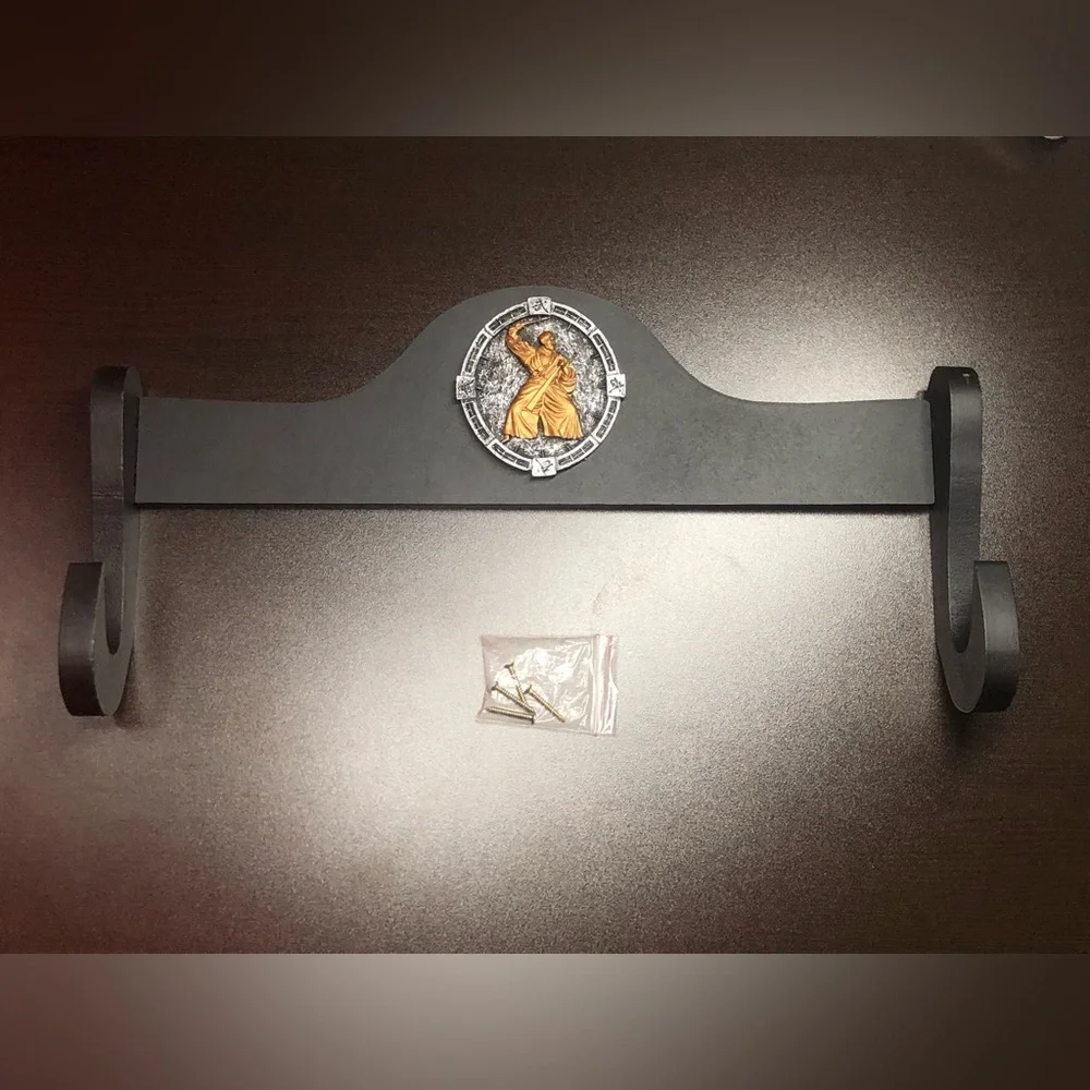 Sword Wall Hanger Wooden Construction With Black Finish And Ornamental Medallion